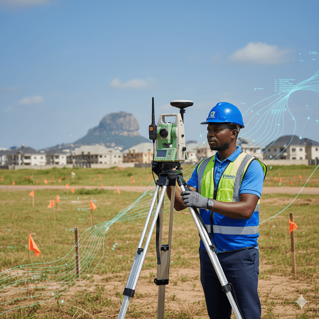 A surveyor using a theodolite in a field.