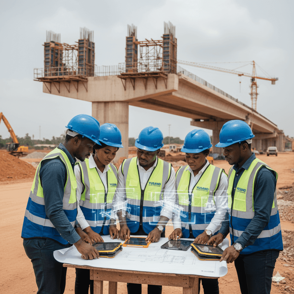 An engineer reviewing blueprints on a construction site.