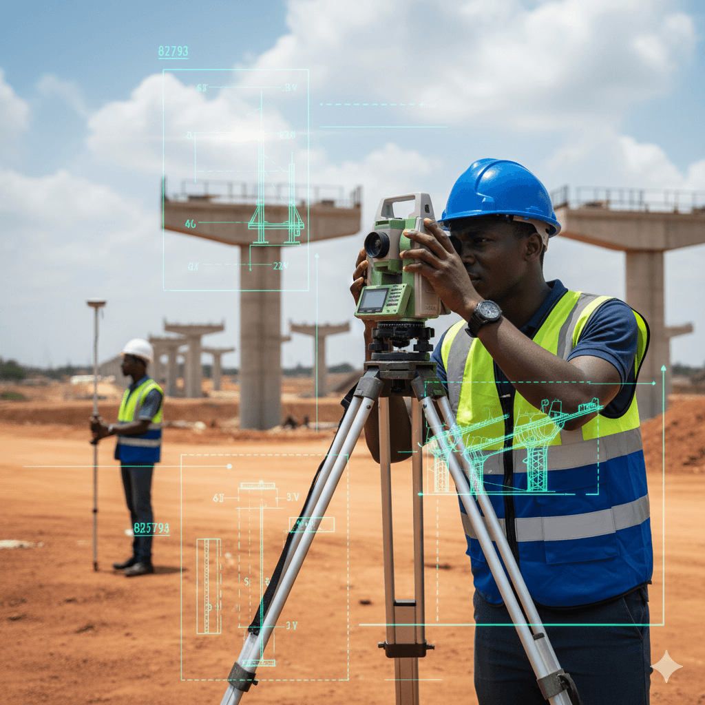 Surveying equipment set up on a large-scale engineering project.
