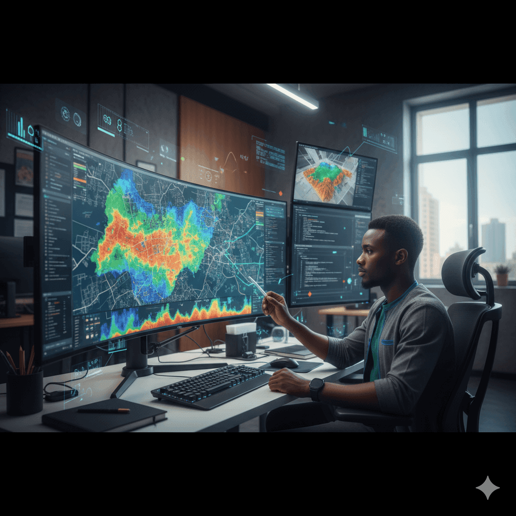 A computer screen showing a complex GIS map.