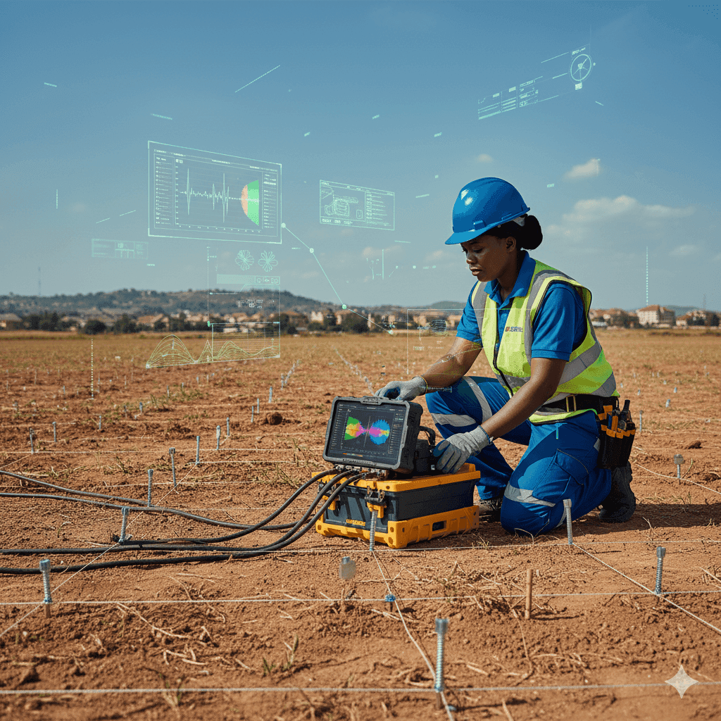 Scientists conducting a geophysical survey in a field.